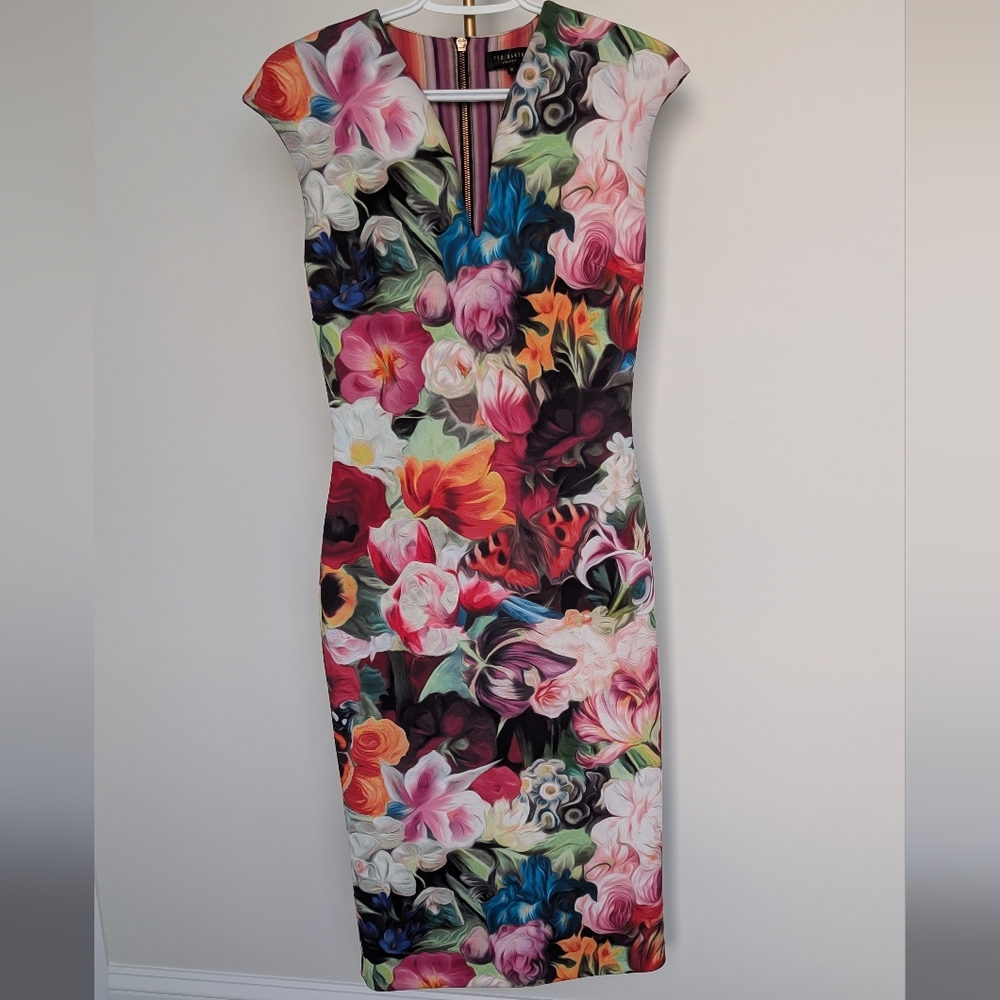 GUC Ted Baker 2 Vibrant Floral Oil Painting Midi Dress